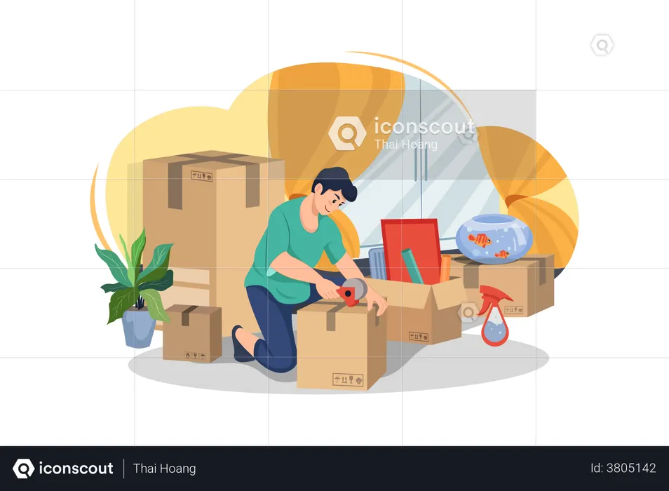 Homem se preparando para mudar de casa  Ilustração