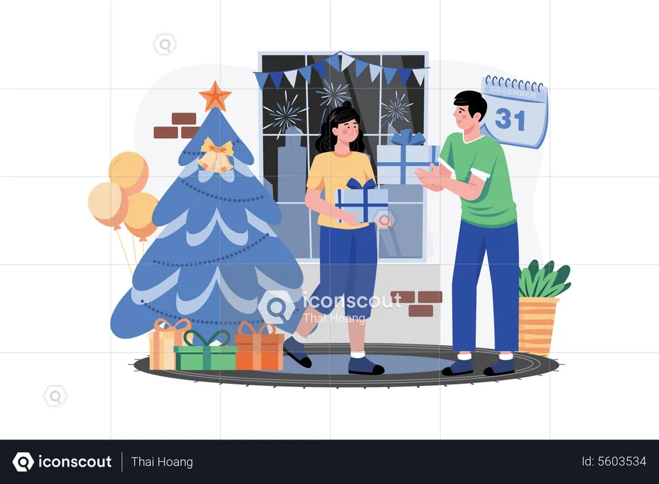 Homem dando presente de Natal para mulher  Ilustração