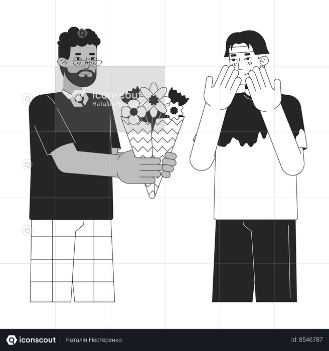 Homem presenteando buquê de flores para amante masculino  Ilustração