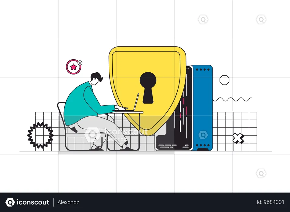 Homem protegendo dados pessoais na internet usando senha  Ilustração