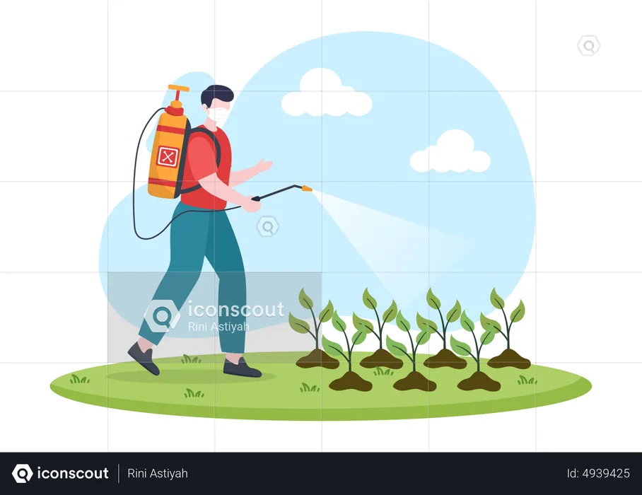 Homem pulverizando produtos químicos nas plantações  Ilustração