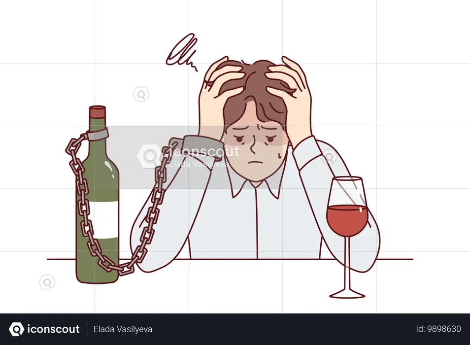 Homem que sofre de dependência de álcool é acorrentado a uma garrafa de vinho sentado à mesa segurando a cabeça  Ilustração