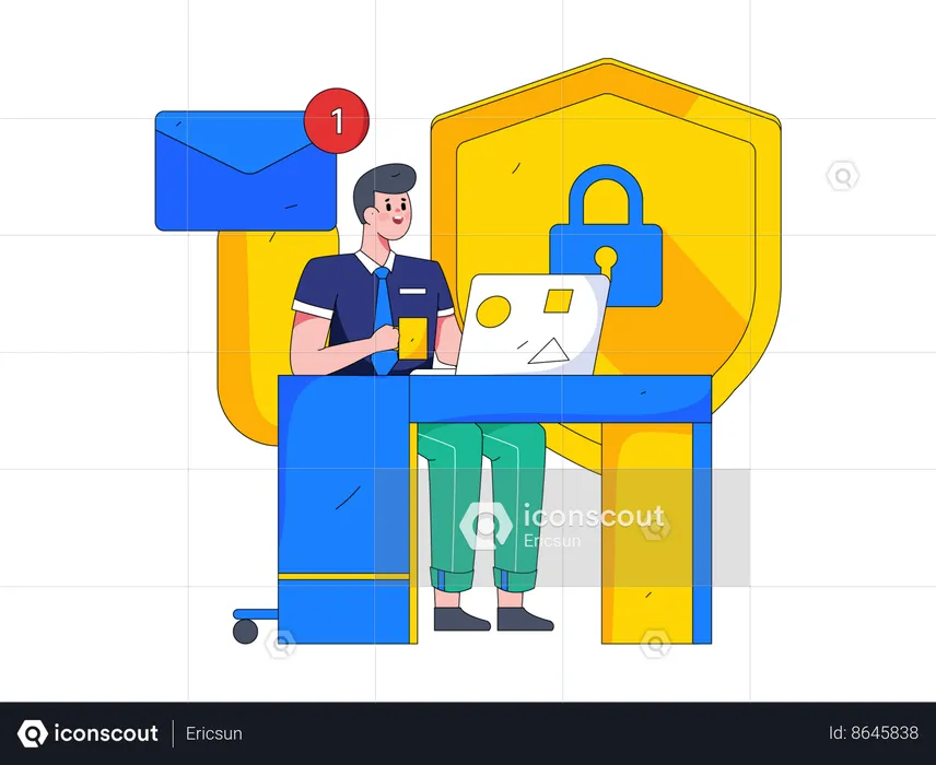 Homem recebendo e-mail de segurança cibernética  Ilustração