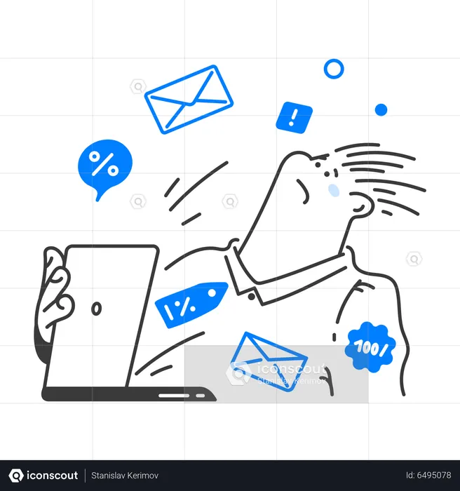 Homem recebeu muitos e-mails promocionais  Ilustração