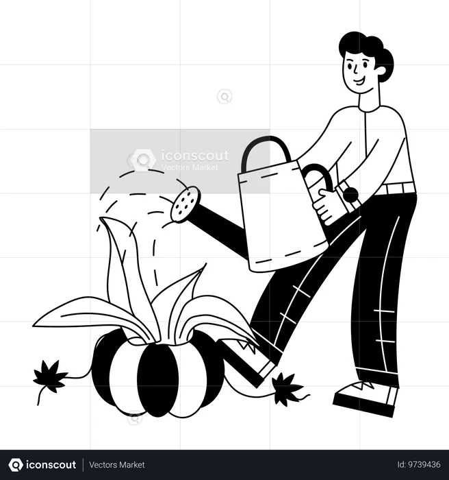 Homem regando abóbora enquanto cultiva abóbora  Ilustração