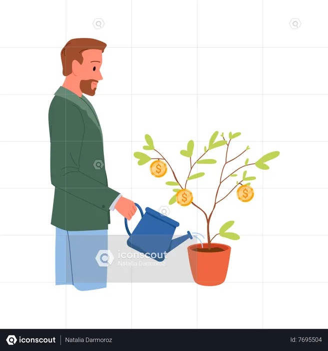 Homem regando planta de dinheiro  Ilustração