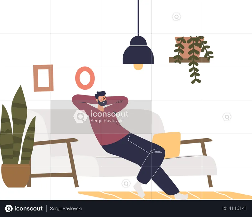 Homem relaxando no sofá da sala. Macho de desenho animado descansando no sofá em casa  Ilustração