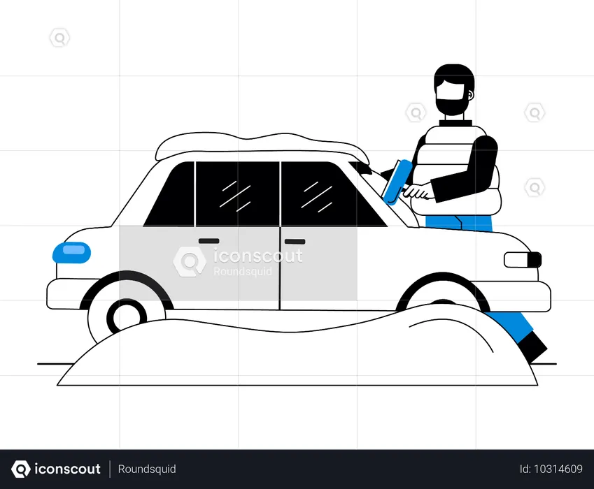 Homem remove neve da janela do carro  Ilustração