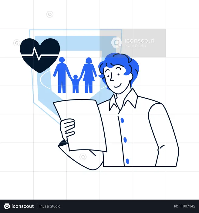 Homem avaliando seguro saúde familiar  Ilustração