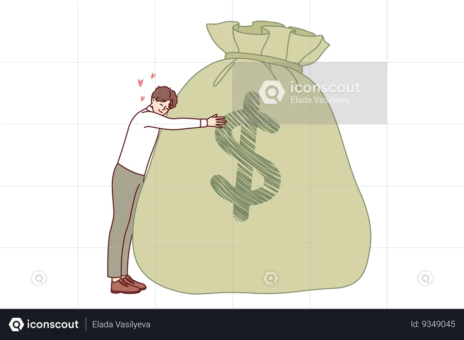 Homem rico se alegra por ter grandes economias graças ao trabalho duro, abraçando o dinheiro do saco com o símbolo do dólar  Ilustração