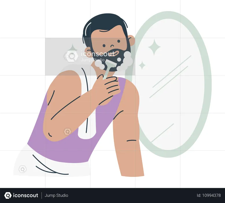 Homem se arrumando enquanto faz a barba em frente ao espelho  Ilustração