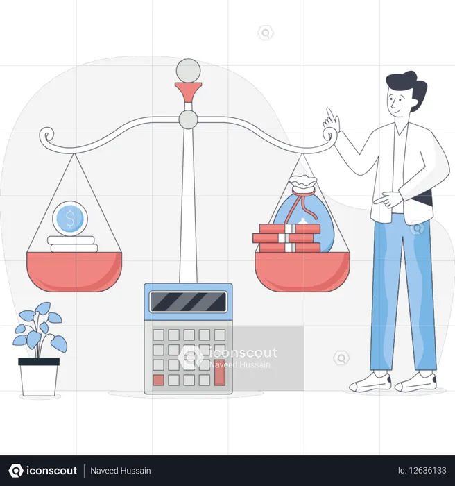O homem segura uma calculadora em uma mão e equilibra uma balança na outra, simbolizando a tomada de decisões financeiras  Ilustração