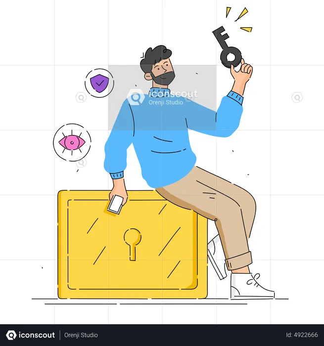 Homem segurando a chave e desbloqueando o cofre  Ilustração