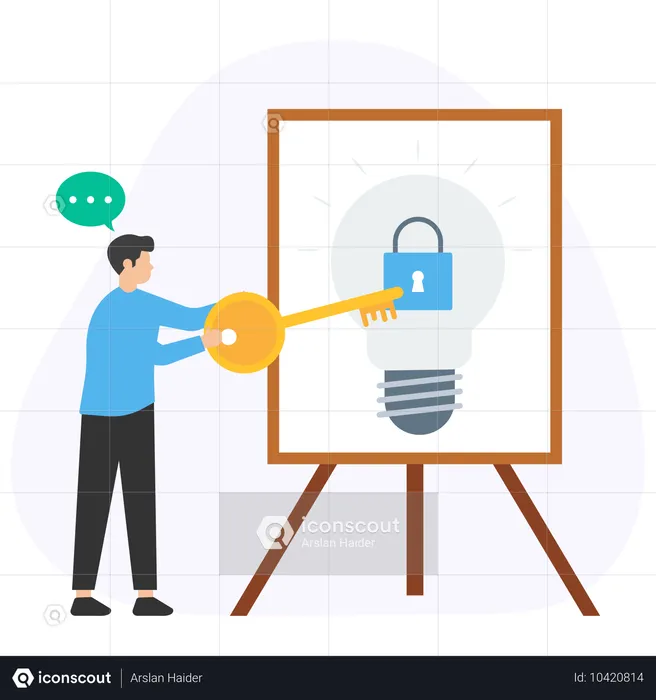 Homem segurando a chave enquanto desbloqueia a ideia  Ilustração
