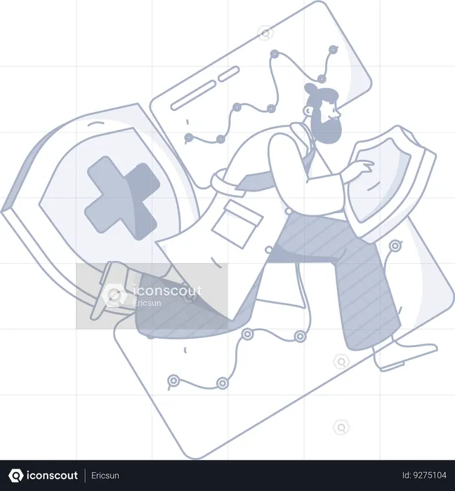 Homem segurando escudo médico  Ilustração