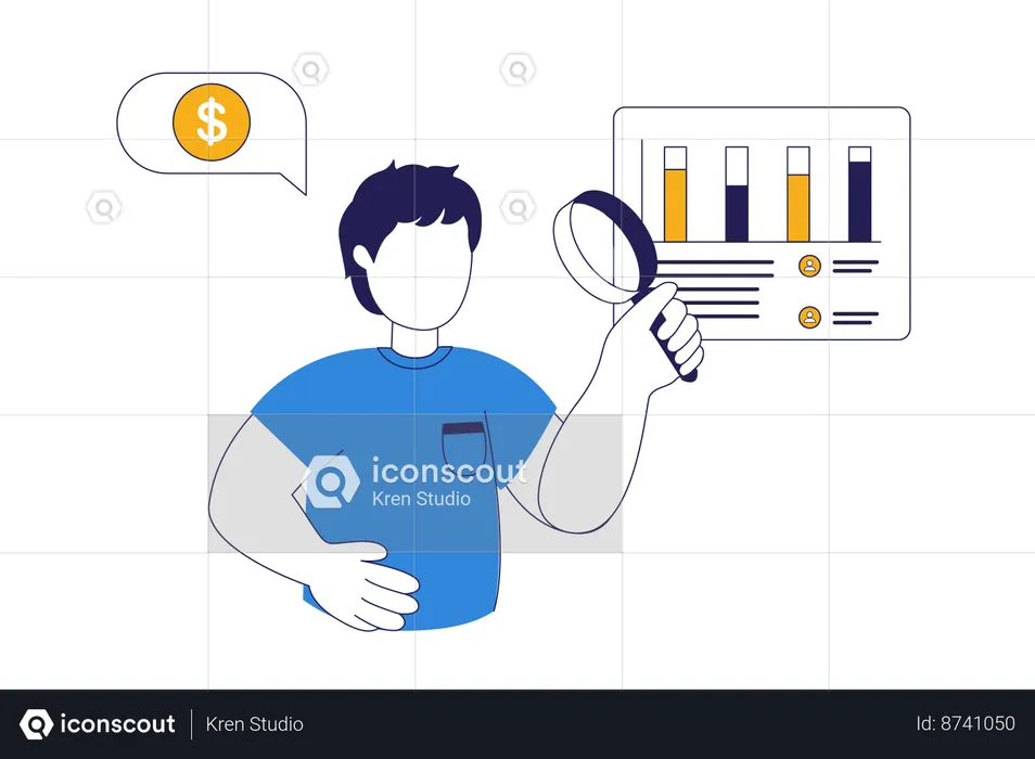 Macho segurando lupa e analisando finanças  Ilustração