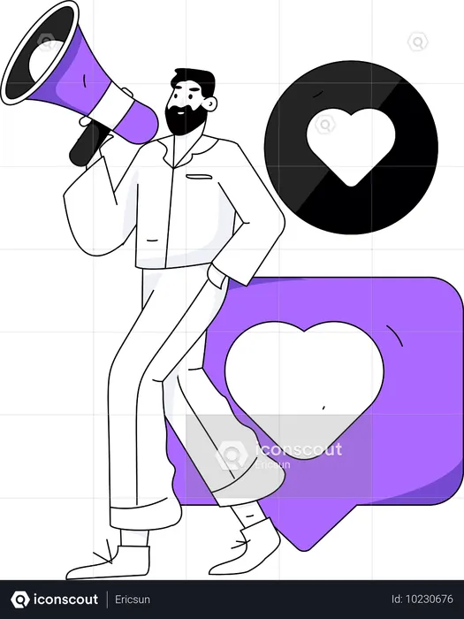 Homem segurando megafone enquanto anuncia feedback  Ilustração