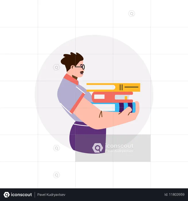 Homem segurando pilha de livros  Ilustração