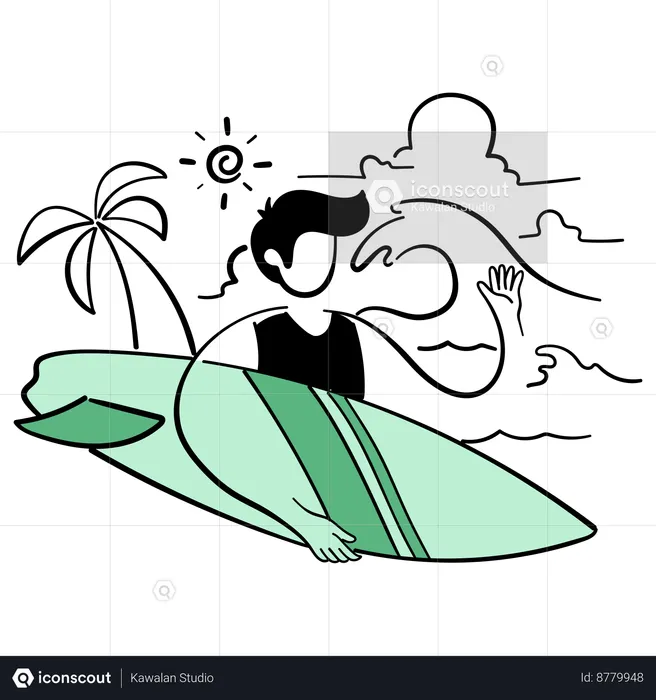 Homem segurando uma prancha de surf  Ilustração