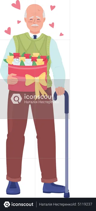 Homem sênior feliz com flores e bengala  Ilustração