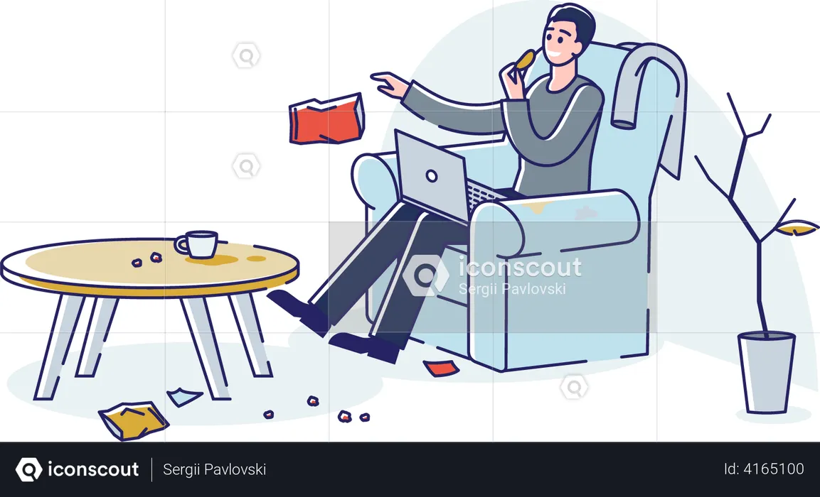 Homem sentado e jogando lixo dentro de casa  Ilustração