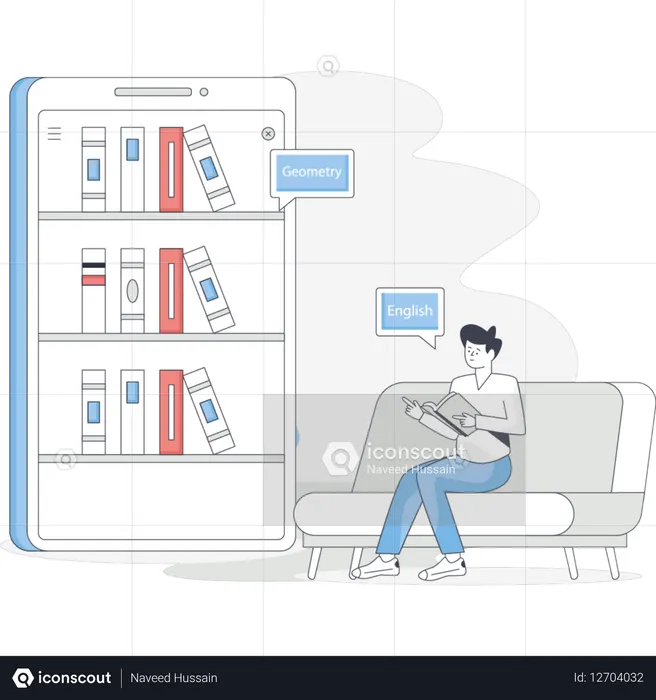 Homem sentado em um sofá lendo um livro cercado por uma grande estante cheia de livros diversos  Ilustração