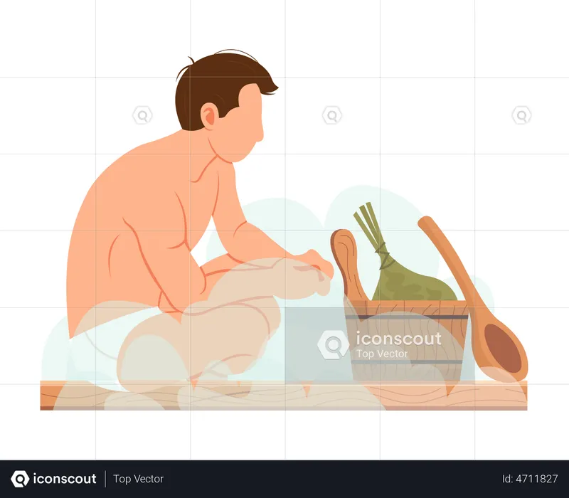 Homem sentado na sauna  Ilustração