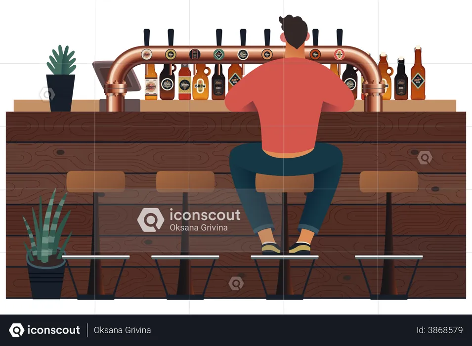 Homem sentado em um bar  Ilustração