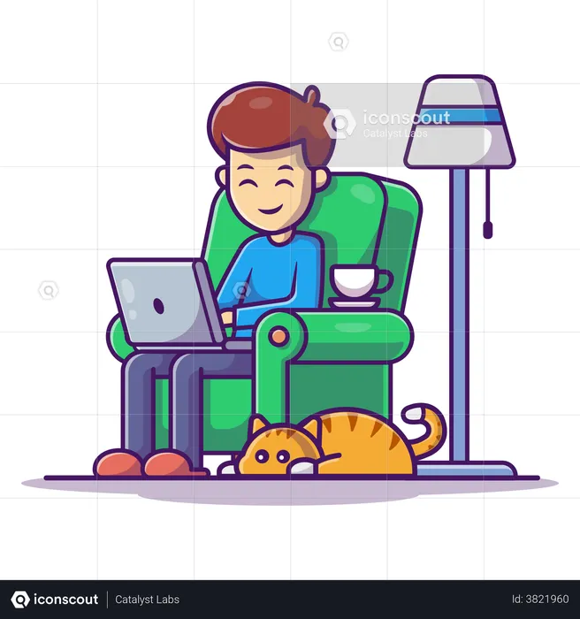 Homem sentado no sofá e trabalhando no laptop  Ilustração