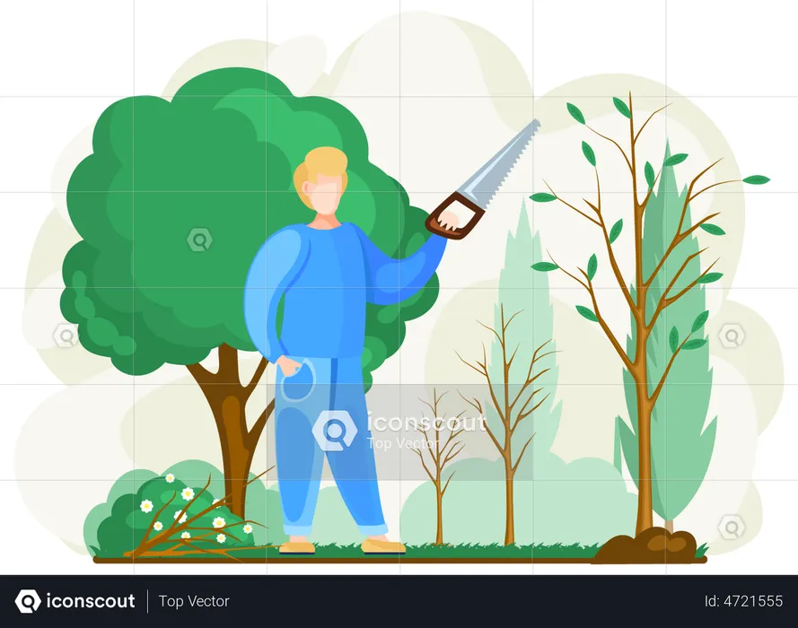 Homem serrar planta com serra manual  Ilustração