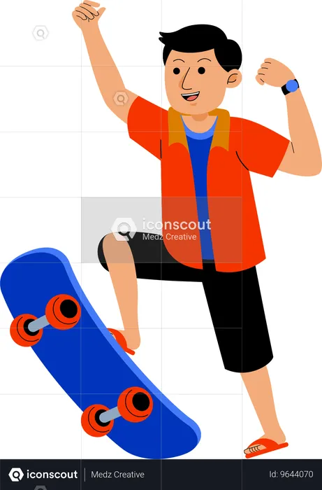 Homem andando de skate na praia  Ilustração