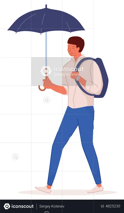 Homem sob guarda-chuva com mochila  Ilustração