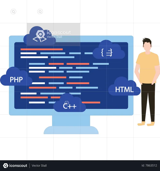 Software de programação de homem no monitor  Ilustração