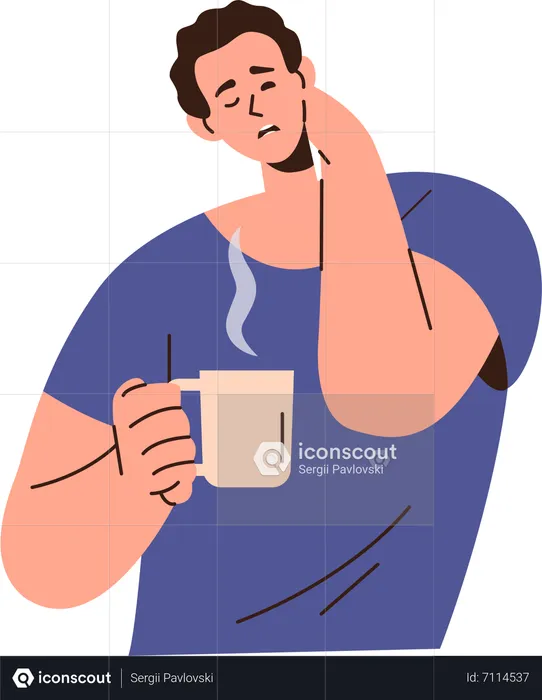 Homem sonolento com os olhos fechados, esticando o pescoço e bebendo café quente  Ilustração