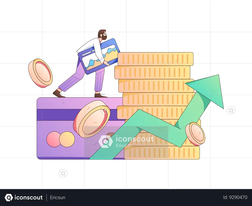 Homem subindo no cartão de crédito enquanto fazia análise financeira  Ilustração