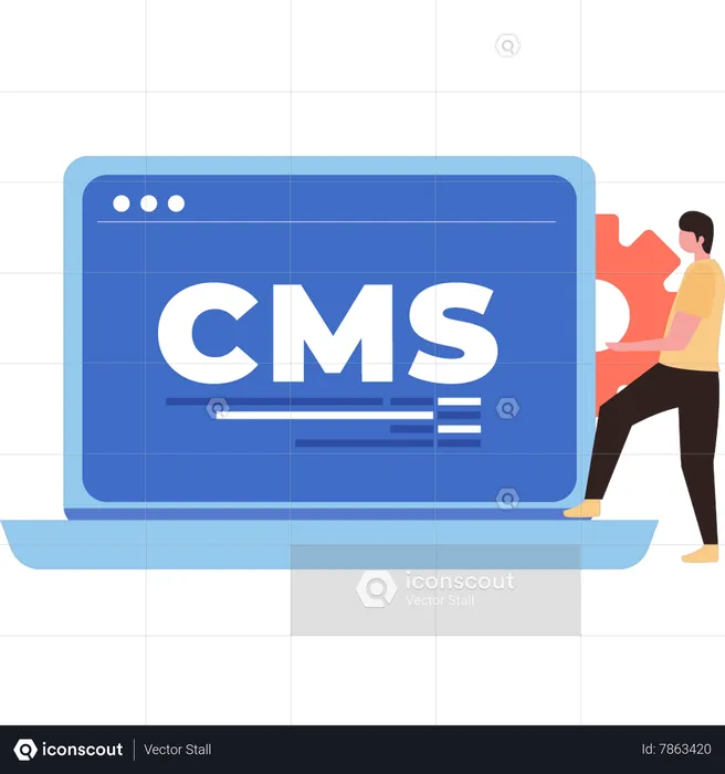 Homem tem um sistema CMS em seu laptop  Ilustração