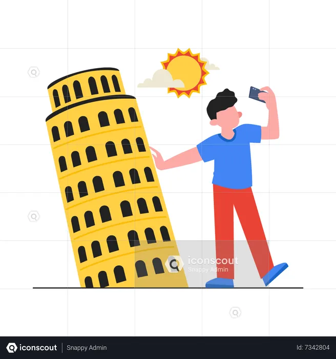 Homem tirando selfie com a Torre de Pisa  Ilustração