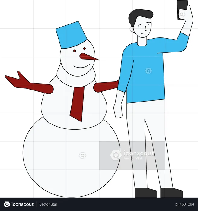 Homem tirando selfie com boneco de neve  Ilustração