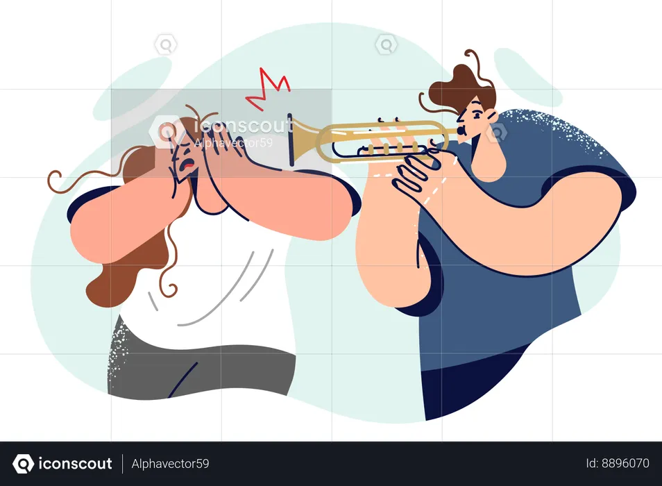 Homem toca trombone causando desconforto a mulher tapa ouvidos e não quer ouvir música  Ilustração