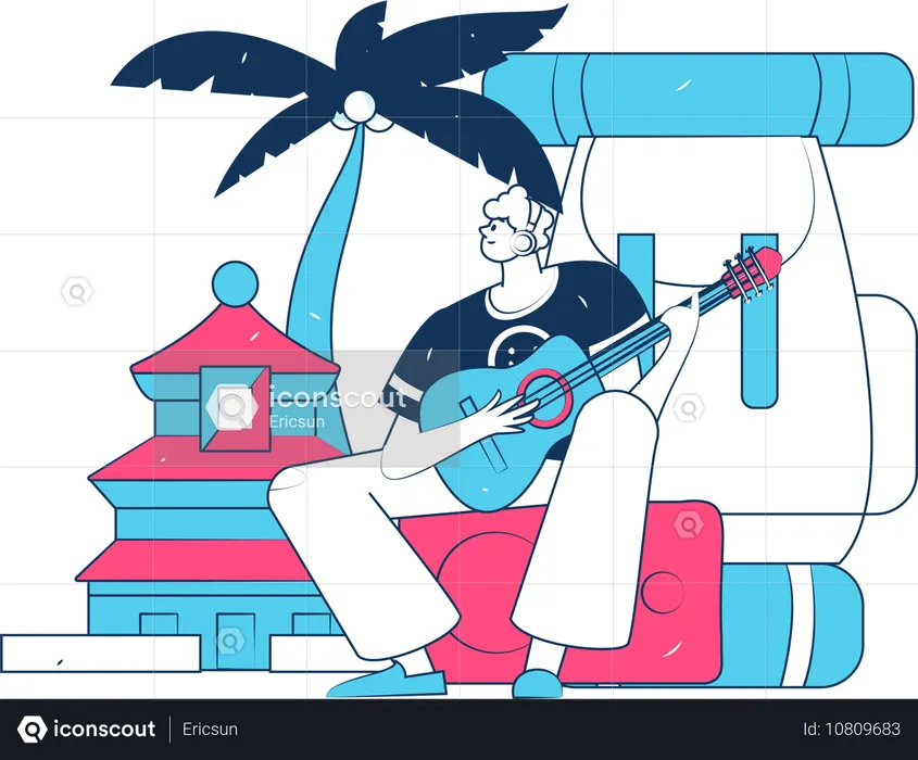 Homem tocando violão no camping  Ilustração