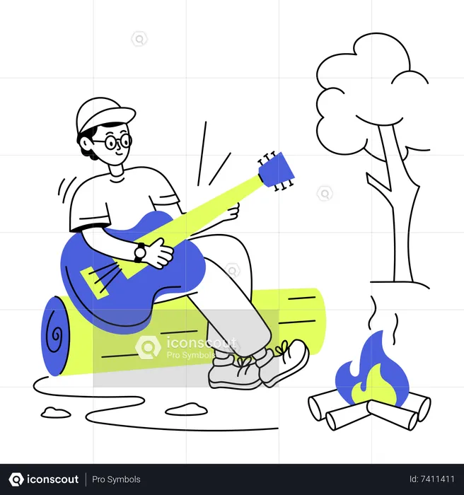Homem tocando violão enquanto acampava  Ilustração