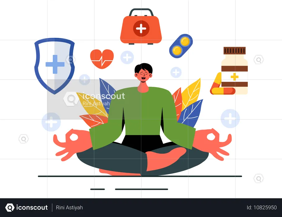 Homem tomando remédio energético para meditação  Ilustração