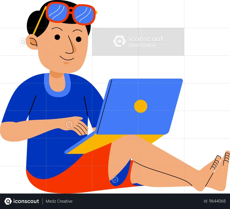 Homem trabalhando com laptop na praia  Ilustração