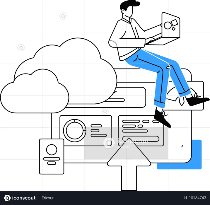 Homem trabalhando no gerenciamento de dados em nuvem  Ilustração