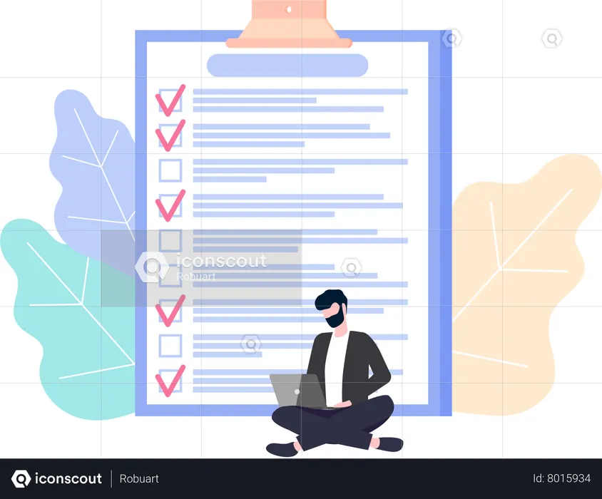 Homem trabalhando no laptop com lista de verificação  Ilustração