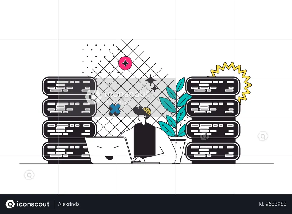 Homem trabalhando em laptop na sala de servidores  Ilustração