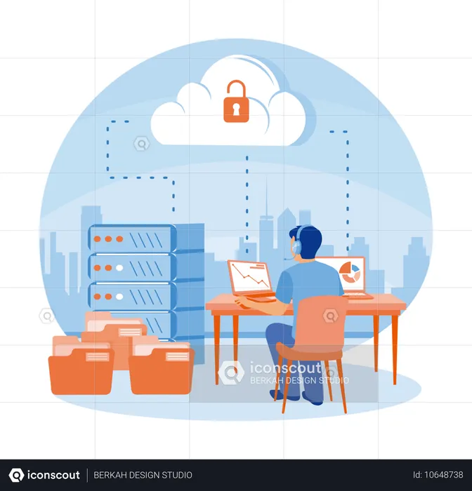 Homem trabalhando enquanto ouve música e processa arquivos e os armazena em um data center  Ilustração