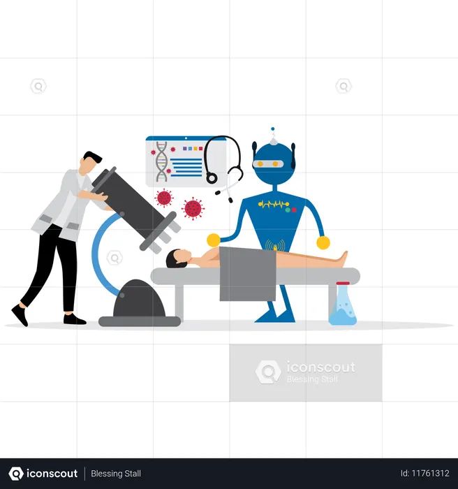 Homem trabalhando na configuração de cirurgia robótica  Ilustração