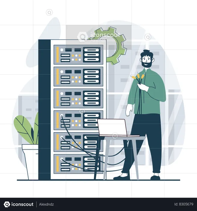 Homem trabalhando na manutenção da nuvem  Ilustração