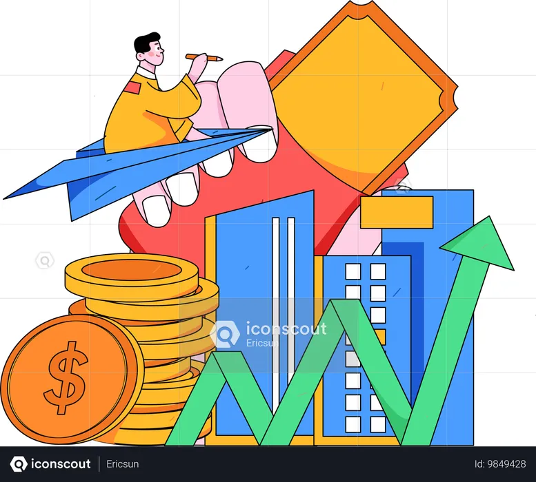 Homem trabalhando no crescimento financeiro  Ilustração